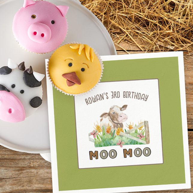 Farm Theme Cow Moo Moo Kids Birthday Party Napkin (Farm themed birthday party napkins with personalized wording)