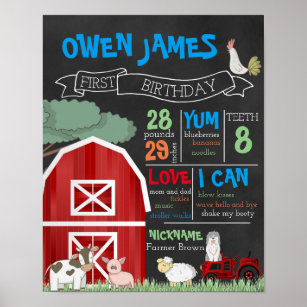 Farm Theme First Birthday Stats Chalkboard Poster