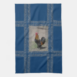 Farm Theme Rooster Dish Towel, Blue Background Kitchen Towel