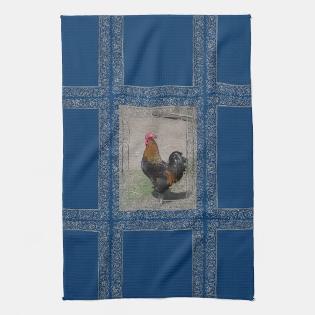 Farm Theme Rooster Dish Towel, Blue Background Kitchen Towel (Vertical)