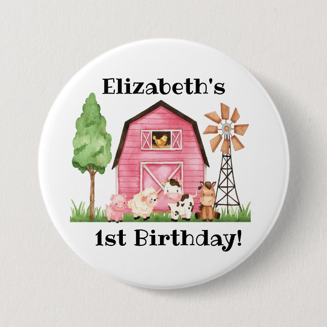 Farm Themed First Birthday- Name Button Pin (Front)