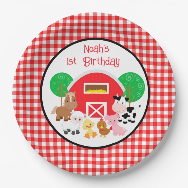 Farm Themed Red Gingham Birthday Paper Plates (Front)