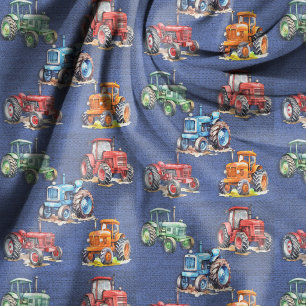 Farm Tractor Denim Blue Design Fabric