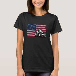 Farm Tractor Proud Farmer Patriotic American Flag T-Shirt