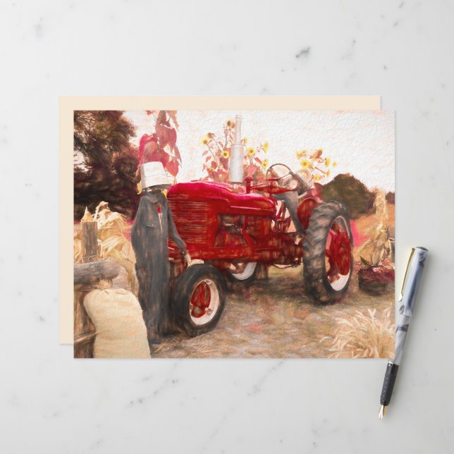 Farm Tractor Red Vintage Rustic Autumn Harvest (Front/Back In Situ)