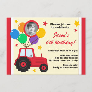 Farm tractor with balloons kids birthday photo invitation