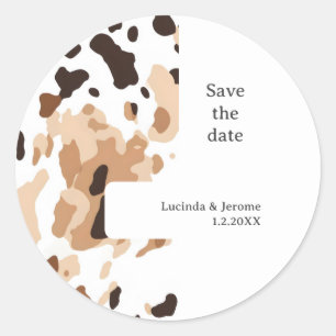 Farm Wedding Cowhide print Save the date Classic Round Sticker