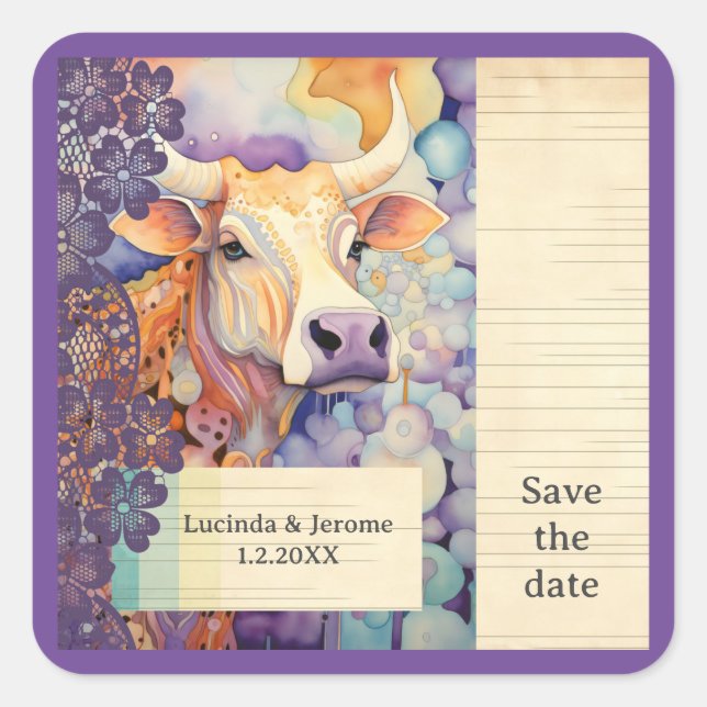 Farm Wedding ox Cow Save the date Square Sticker (Front)