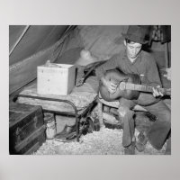 Farm Worker Playing Guitar, 1939. Vintage Photo