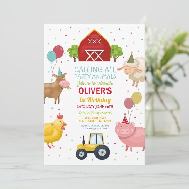 Farm Yard Animals 1st Kids Birthday Invitation (Standing Front)