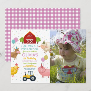 Farm Yard Animals 1st Kids Birthday Pink Girls Invitation