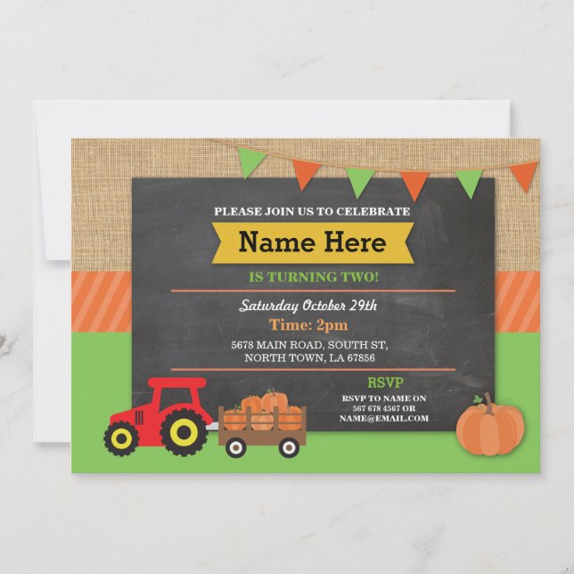 Farm Yard Birthday Party Pumpkin Tractor Invite (Front)