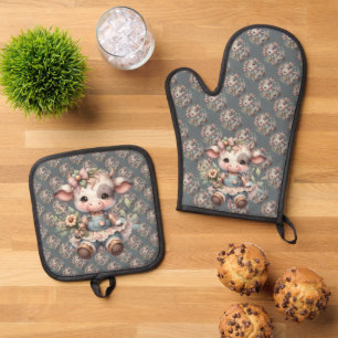 Farmcore Kawaii Calf in Vintage Floral Dress Oven Mitt & Pot Holder Set