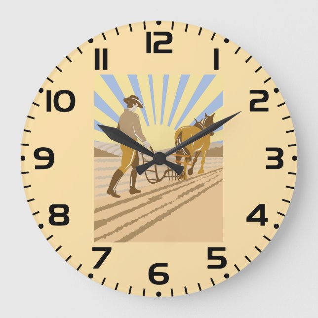 Farmer and Horse Plowing Field Retro Sunrise Large Clock (Front)