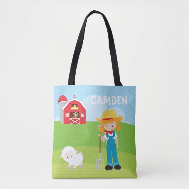 Farmer Barn Girl Kid's Personalized Tote Bag (Front)
