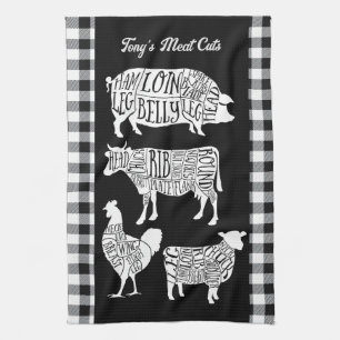 Farmer Butcher Meat Cuts Tea Towel   Vintage Beef 