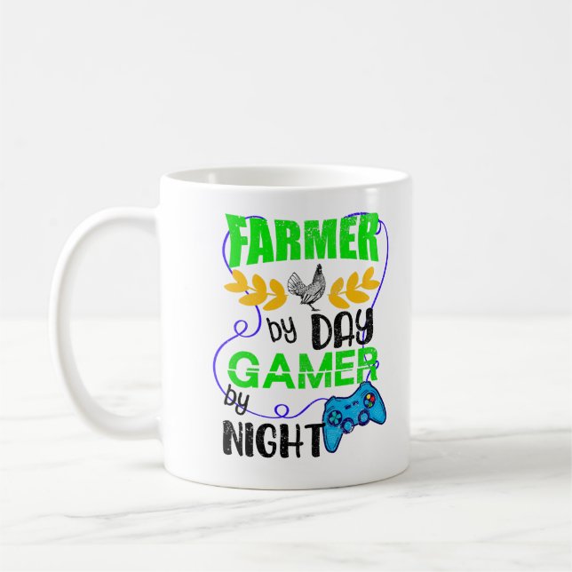 Farmer by Day Gamer by Night, Farming Quote Funny Coffee Mug (Left)