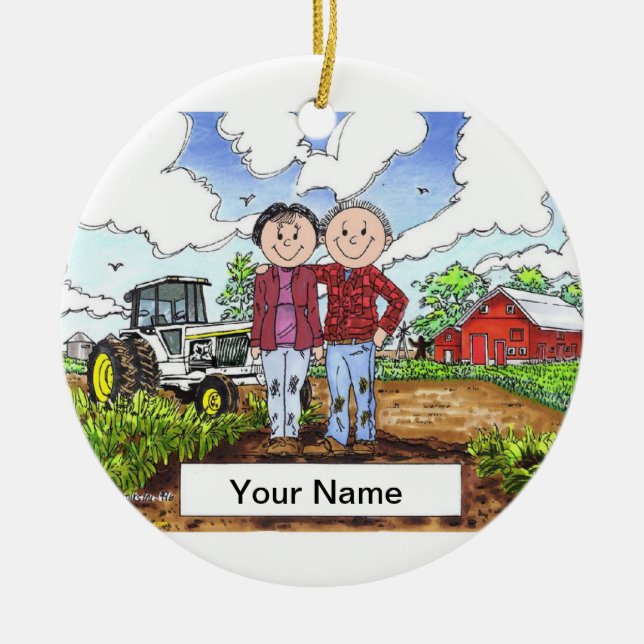 Farmer Couple - White Tractor Ceramic Ornament (Front)