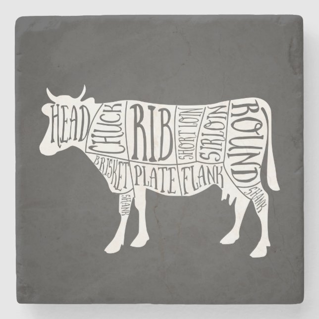 farmer cow beef butcher meat cuts art small holder stone coaster (Front)