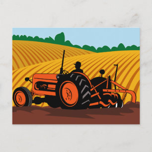farmer driving farm tractor plowing field postcard