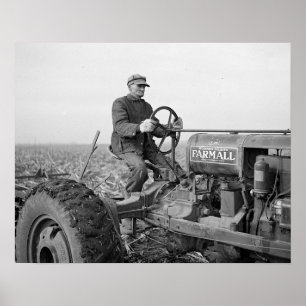 Farmer Driving Tractor, 1937. Vintage Photo Poster