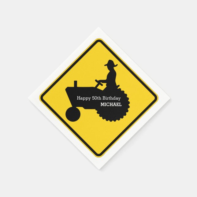 Farmer Driving Tractor Road Sign Personalized Napkin (Corner)