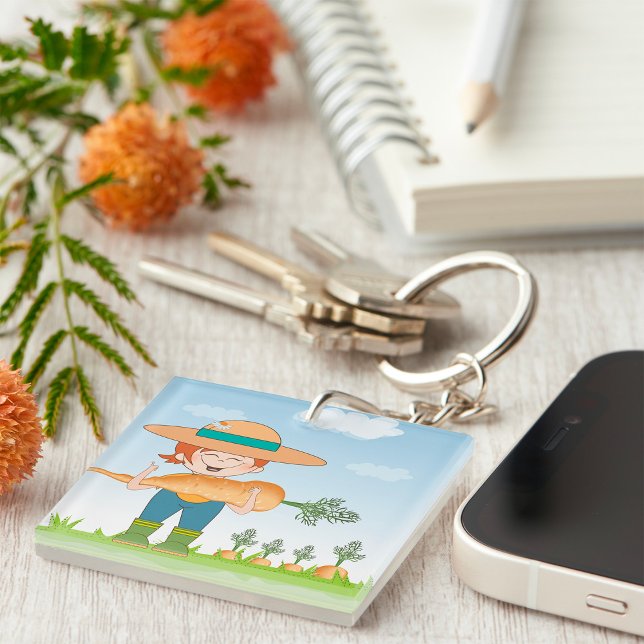 Farmer Girl with Giant Carrot Gardening  Keychain (Creator Uploaded)