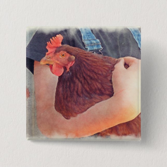 Farmer Hugging Chicken Painted Style 2 Inch Square Button (Front)