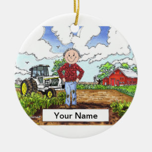 Farmer - Male, White Tractor Ceramic Ornament
