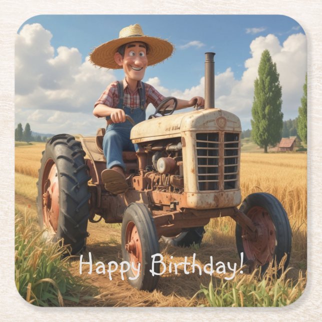Farmer On Tractor Square Paper Coaster (Front)
