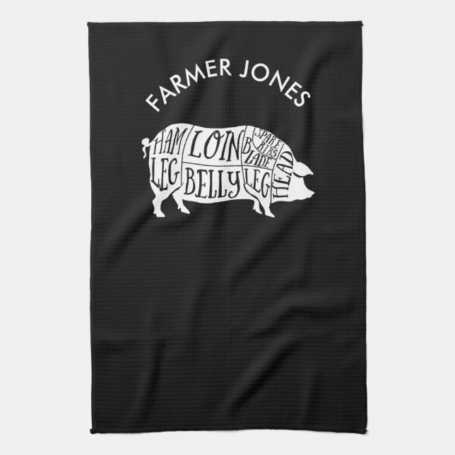 farmer pig pork butcher meat cuts art small holder kitchen towel (Vertical)