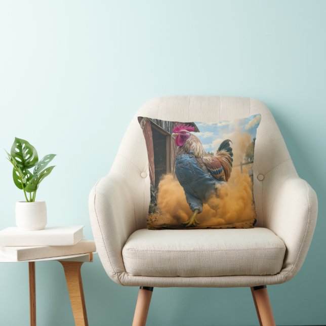 Farmer Rooster Kicking Up Dust Throw Pillow (Chair)