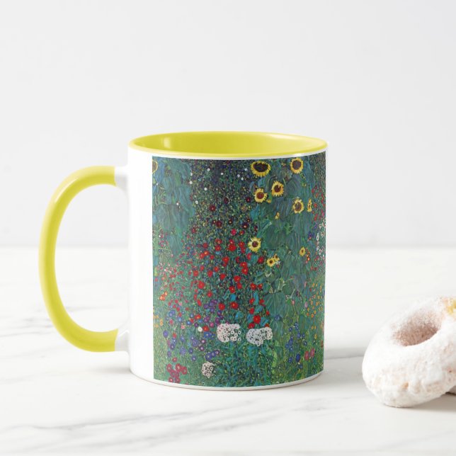 Farmergarden w Sunflower by Klimt, Vintage Flowers Mug (With Donut)