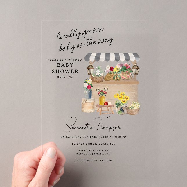 Farmer's Flower Cart Stand Market Baby Shower Acrylic Invitations (Insitu (Handheld))