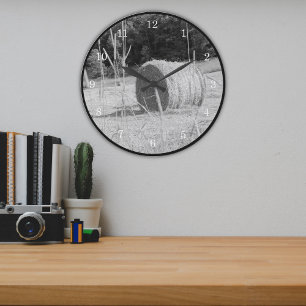 Farmers Hay Field Scene B&W Round Bales in Summer Large Clock