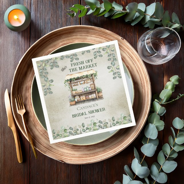 Farmer's Market Farm Stand Welcome Bridal Shower Napkin ("She's Fresh Off the Market" Farm Stand and Eucalyptus Farmer's Market Bridal Shower Napkins)