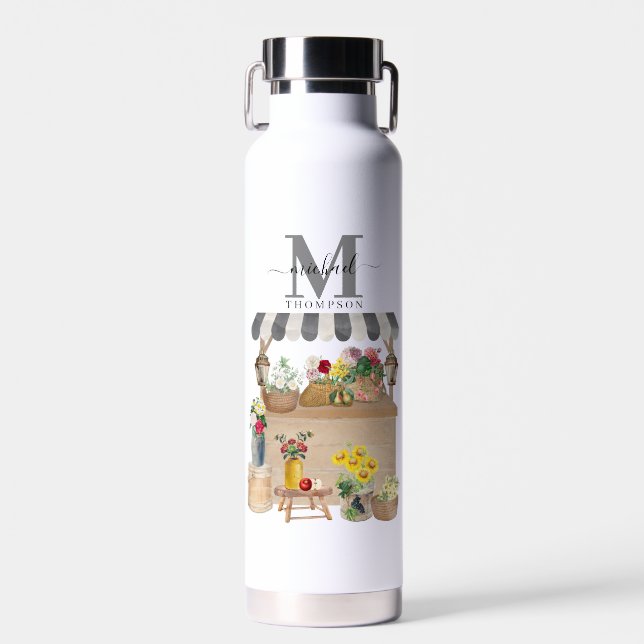 Farmer's Market Flower Cart Kitchen Monogrammed Water Bottle (Front)