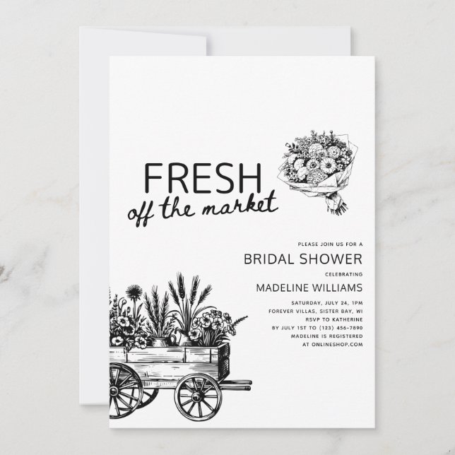 Farmer's Market Flowers Black and White Invitation (Front)