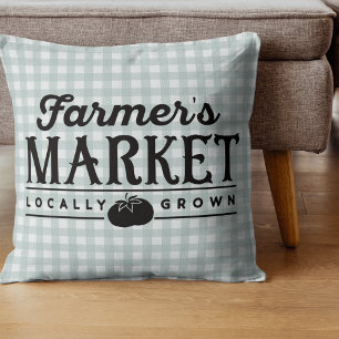 Farmers Market Grey Gingham Throw Pillow