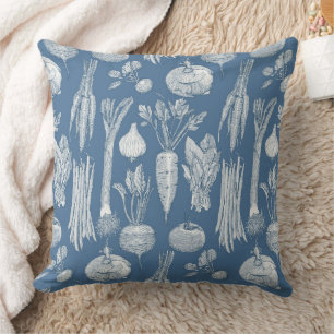 farmer's market vegetables cobalt denim throw pillow