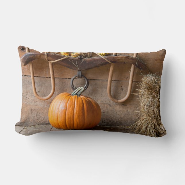 Farmers Museum. Pumpkin in barn with bale of hay Lumbar Pillow (Front)