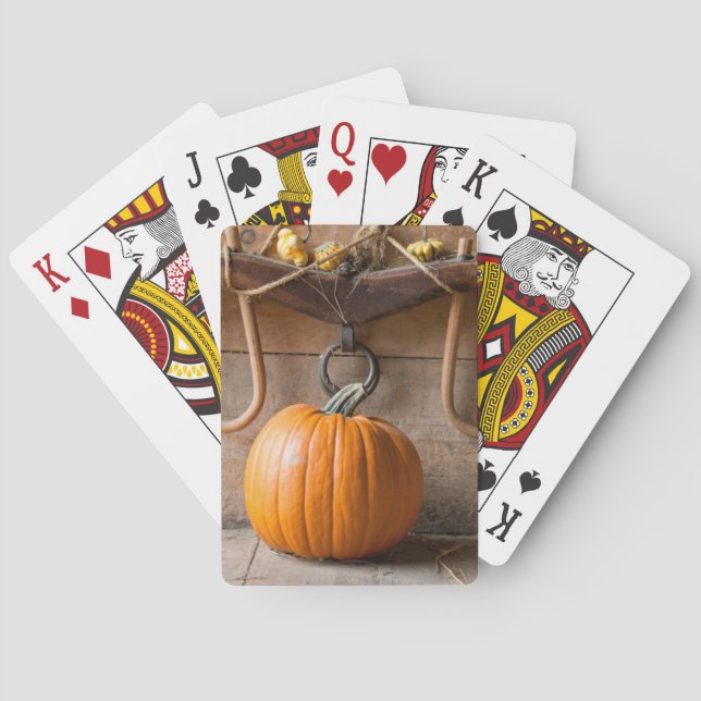 Farmers Museum. Pumpkin in barn with bale of hay Playing Cards (Back)