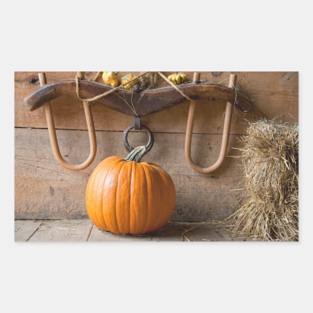 Farmers Museum. Pumpkin in barn with bale of hay Sticker (Front)