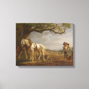 Farmers Resting in a Field With Horses and Plow Canvas Print
