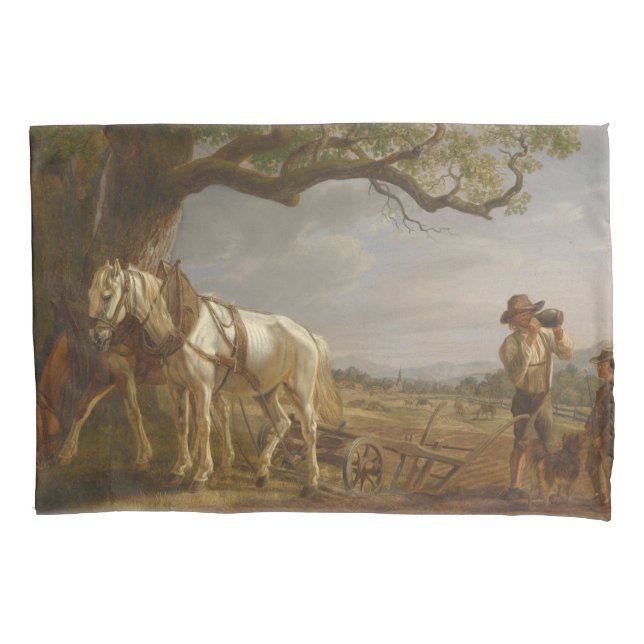 Farmers Resting in a Field With Horses and Plow Pillowcase (Front-Left)