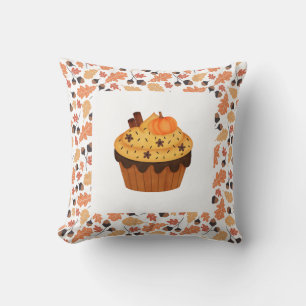 Farmhouse Autumn Cupcake with Fall Orange Leaves Throw Pillow