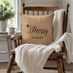 Farmhouse Bee Merry, Personalized Rustic Holiday Throw Pillow