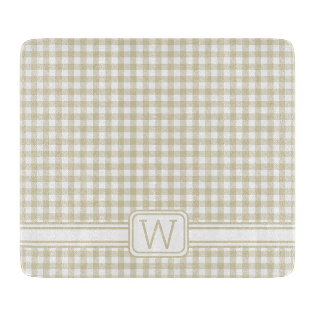 Farmhouse Beige and White Gingham Plaid Monogram Cutting Board (Front)