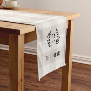 Farmhouse Beige Buffalo Check Family Monogram Short Table Runner