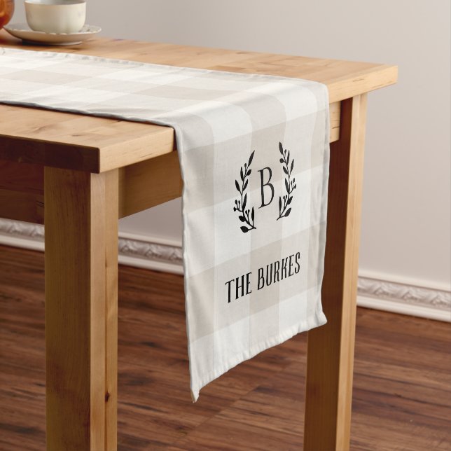 Farmhouse Beige Buffalo Check Family Monogram Short Table Runner (In Situ)